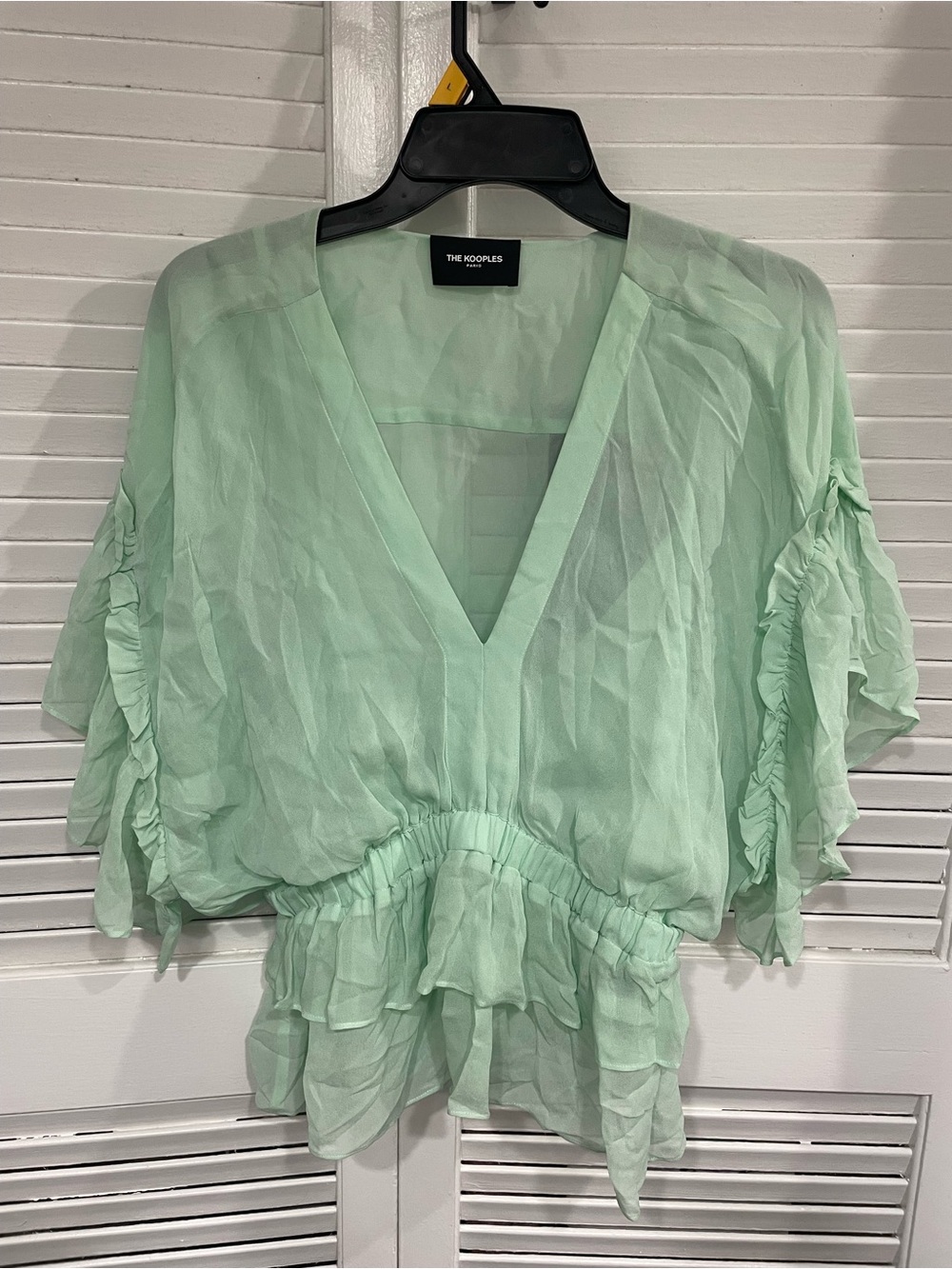 The Kooples Sheer Ruffle V-Neck Blouse in Mint Green size 3(fr large) - Picture 2 of 10